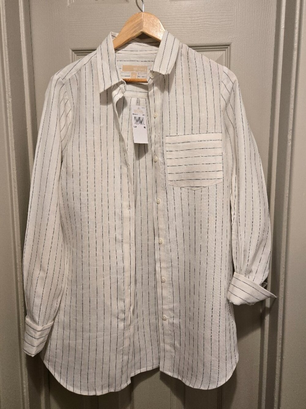 Michael Kors Long Sleeve Linen Black And Ivory Striped Button Up Sz Medium